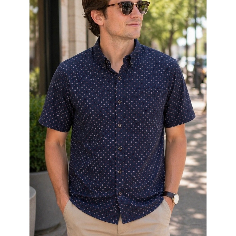 7 Diamonds Mens Button Down Shirt Navy Blue Medium Office Summer Preppy Stretch
